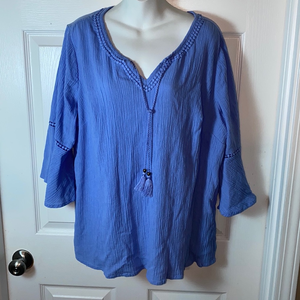 Denim + Company Women’s Gauzy Tunic Top V Neck Tassel Bell Sleeve Plus Size 1X